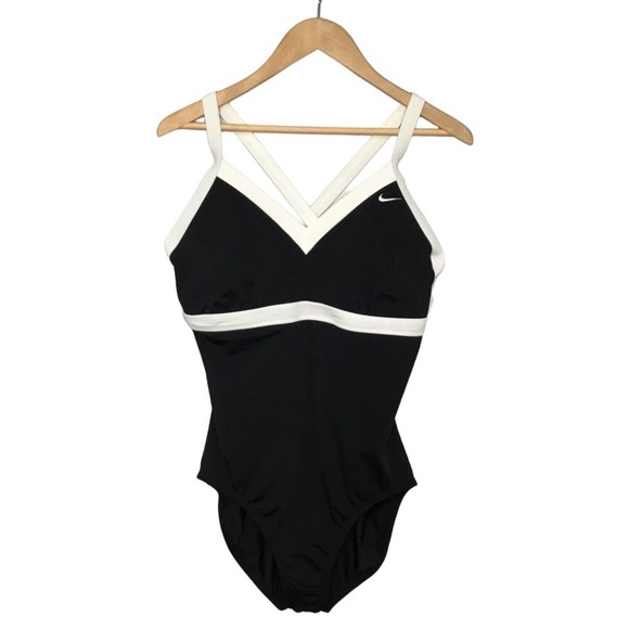 Nike Other - Nike One Piece Swimsuit Halter Criss Cross Logo Contrast Trim V Neck Black 14
